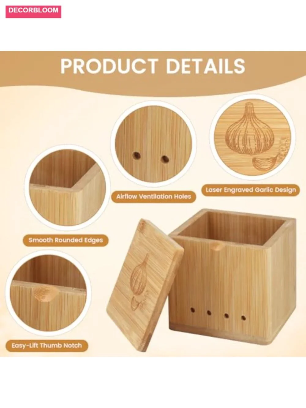 Bamboo Garlic Keeper Large Counter Storage with Lid